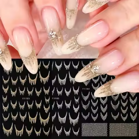 1pc Reflective Glitter French Nail Art Stickers Gold Silver Tassel Lines Geometric Grid Y2K Nail Decals Shiny Foils Nail Sliders