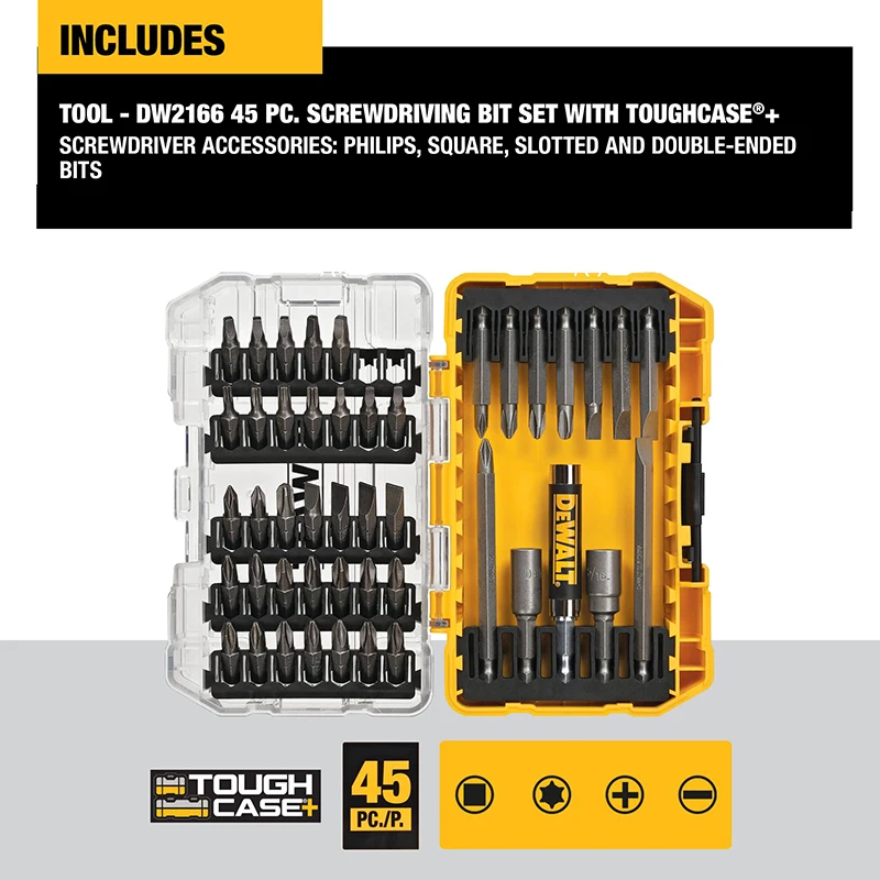 DEWALT DW2166 45-Piece Screwdriver Bit Set Steel Hex Shank Phillips Slotted Square Double-ended Bits with Tough Case