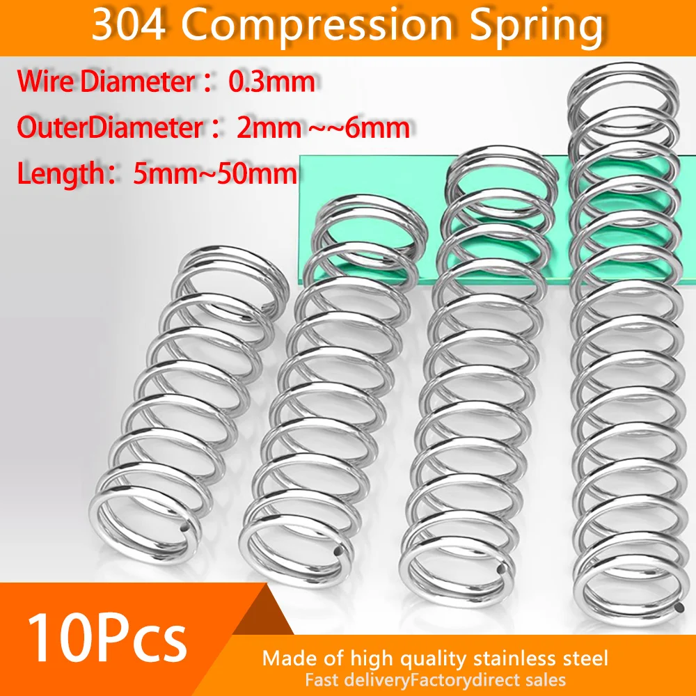 

10Pcs 304 Stainless Steel Compression Spring Diameter 0.3mm Cylidrical Coil Return Springs Pressure Spring diameter 2mm to 6mm