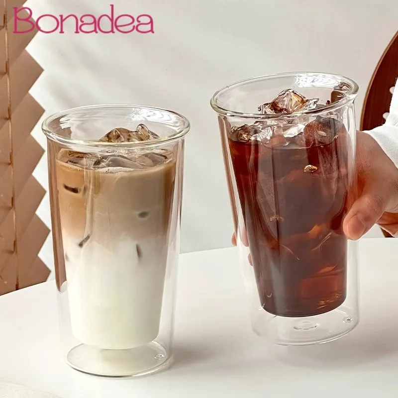 Simple Transparent Double-layer Coffee Cup,Bubble Juice Water Glass Cup,Cold Brew Latte Drink Cups.Iced Americano Glasses Cups