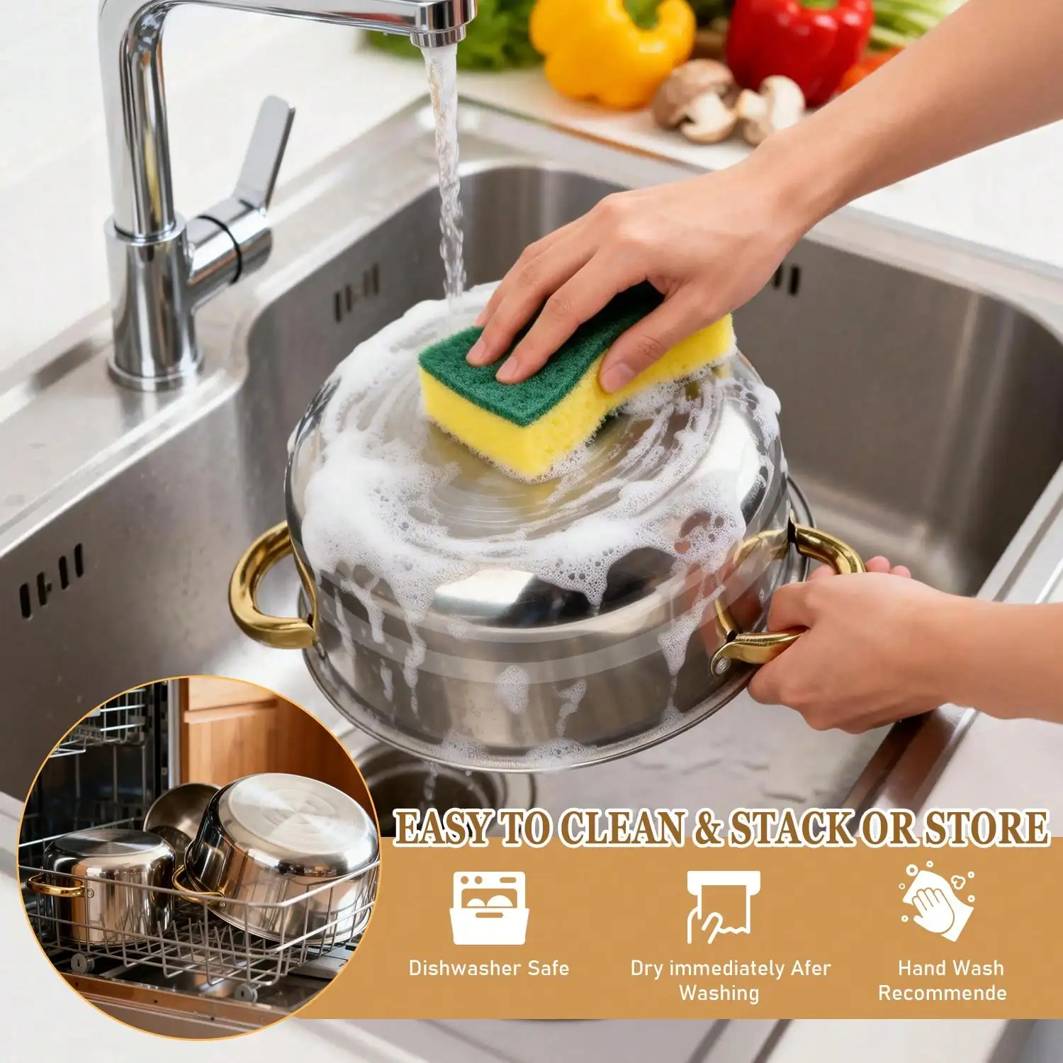 Stainless Steel Pot Set Modern Luxury Cookware Stock Pot Set Silver Body Gold Handles 10 Pcs Set 5 Pots 5 Lids Multi Size Deep Stock Pot For Home Kitchen Restaurant Cooking Soup Noodles Hot Pot Pasta view 8