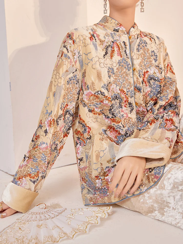 

Китайский костюм Тан: роскошная куртка с пайетками и вышивкой, винтажный воротник-мандарин, элегантный топ для женщин, весенне-осенняя верхняя одежда