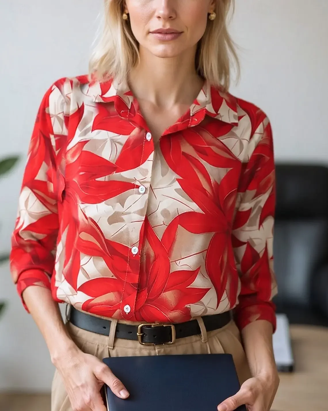 

Женская блузка, весенне-осенние топы с цветочным принтом и цветными блоками, элегантные повседневные стильные рубашки с длинным рукавом и воротником, рабочие повседневные топы на пуговицах