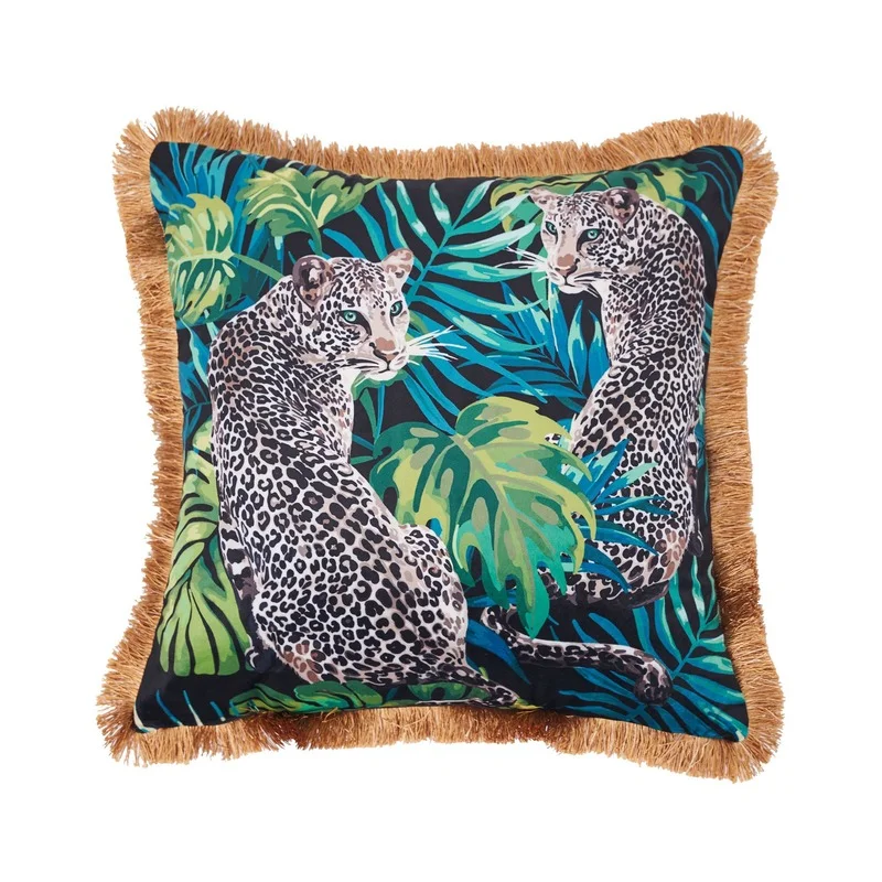 Retro Jungle Animal Collection Cushion Cover Luxury Gold Tassel Fringe Satin Pillowcase Tiger Leopard Sofa Couch Home Decor