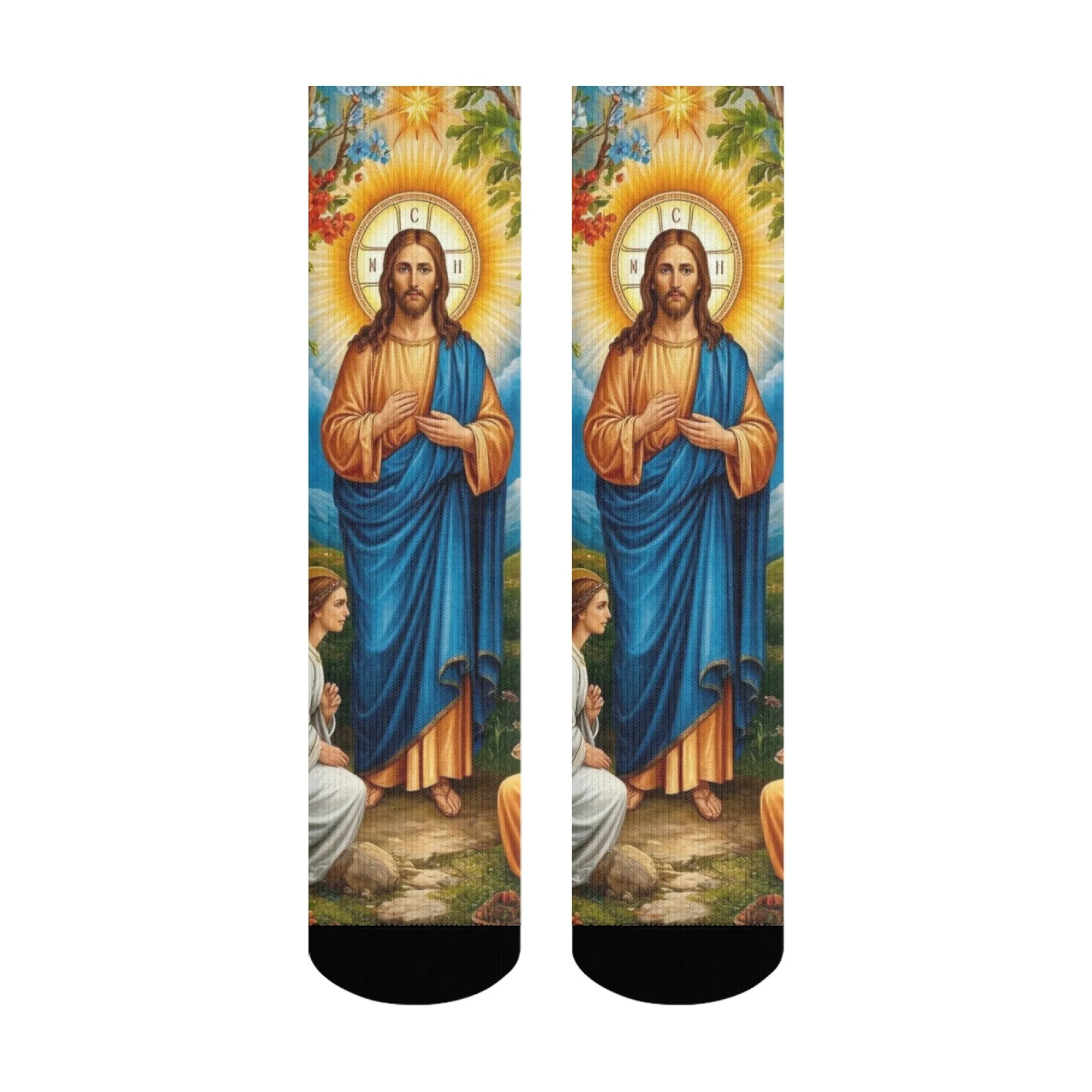 

Divine Artistry Crew Socks: Stunning Display A Majestic Jesus Figure with Glowing Halo, Vivid Floral Details Faith and Fashion