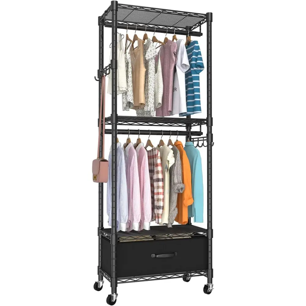 

Clothes Rack, Clothing Rack for Hanging Clothes, 4 Tiers Adjustable Closet Organizer System with Drawer | Double Rods | Side Hoo