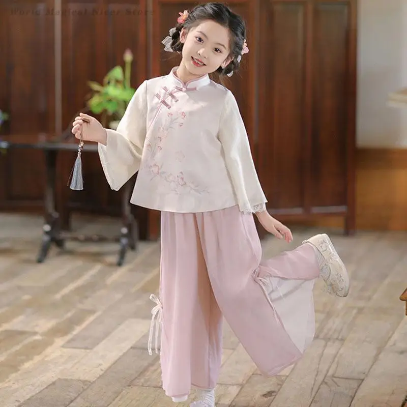 

Hanfu Set for Kids Girls Tang Clothes Traditional Mandarin Collar Top&pants Suit New Chinese Style Child Oriental Costume