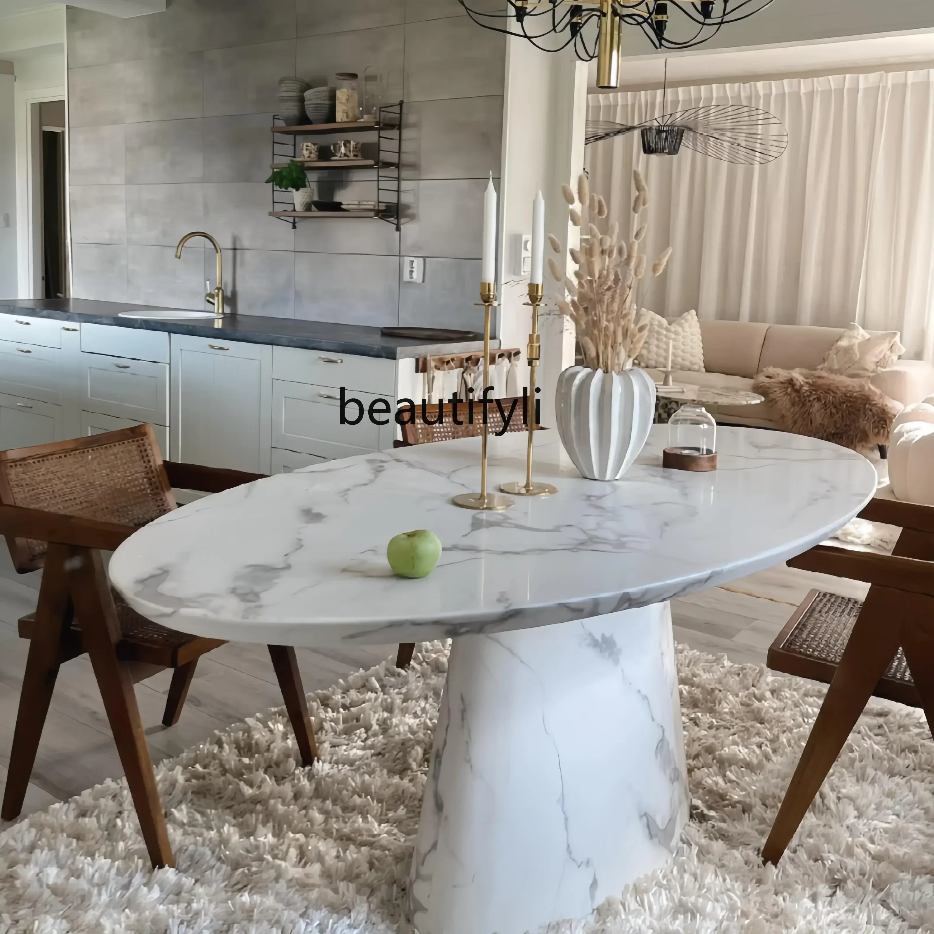 

xzzY13 French large white medium white marble Nordic light luxury retro medieval cream style oval dining table