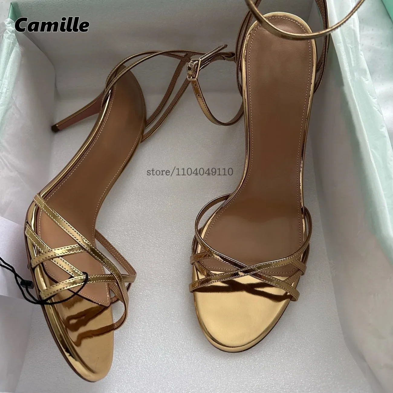 

Gold Ankle Strap One Word Belt Hollow Sexy Lady Sandals 2025 New Size 34-46 Luxury Party Sandals Open Toe Grace Dress High Heels