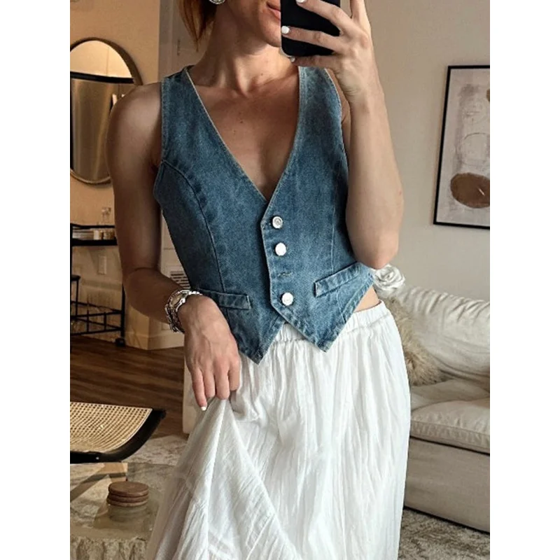 Women Y2K Vests Casual Summer Button Front Sleeveless Tops Streetwear S//L