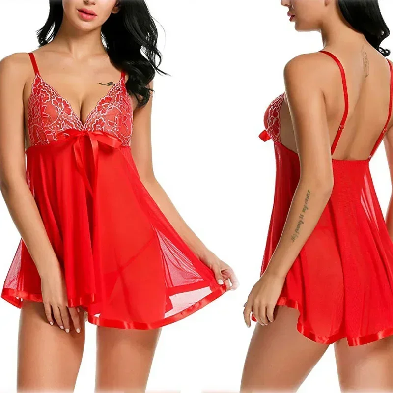 Damen-Pyjama-Kleid, sexy Dessous, bestickte Pailletten, Nachtkleid, transparentes Straps-Nachthemd, Nachtwäsche zum Schlafen