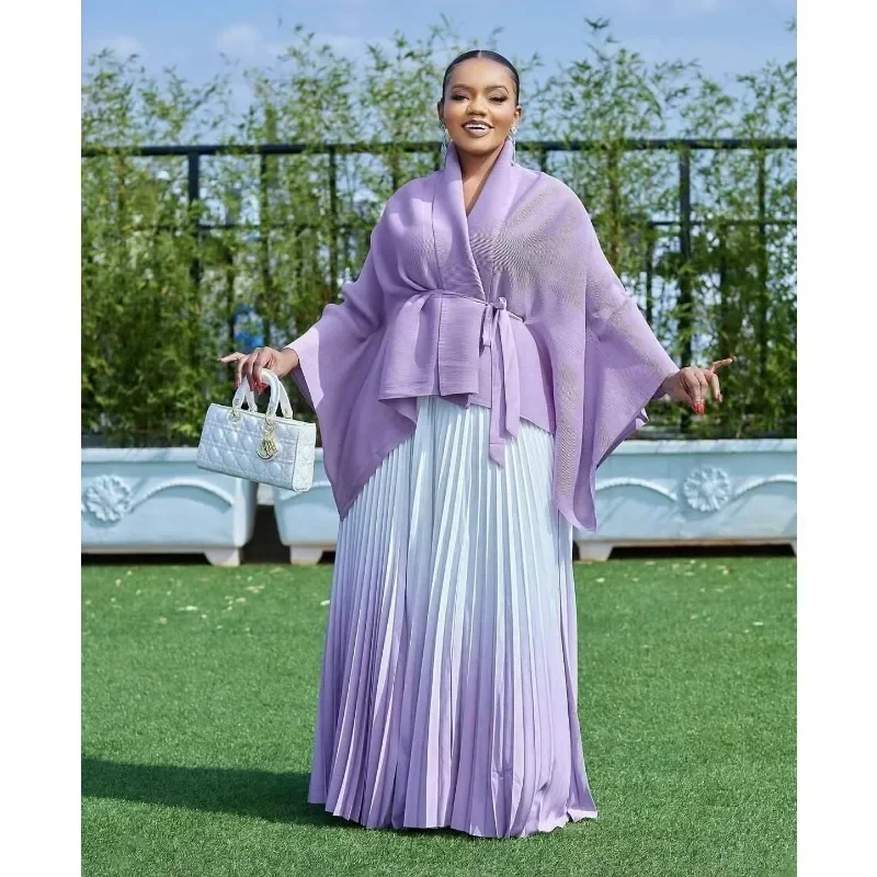 Gradient Pleated Fashion Skirt Two Piece Women's Belted Bat Sleeve Top A-Line Long Dress Elegant Party 2024 New Set