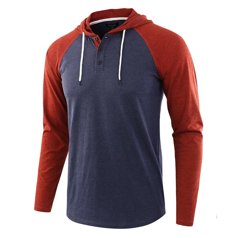 

Men Casual Sports Sweatshirt Hooded Tops Raglan Long Sleeve Hoodies Drawstring Hooded Henley Cotton Hoodie For Male