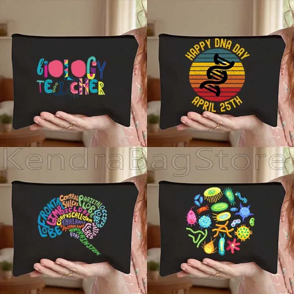Funny Science Biology School Teacher Gifts Cute DNA Biologist Canvas Cosmetic Bag Makeup Cotton Bag Pencil Case Zipper Pouch