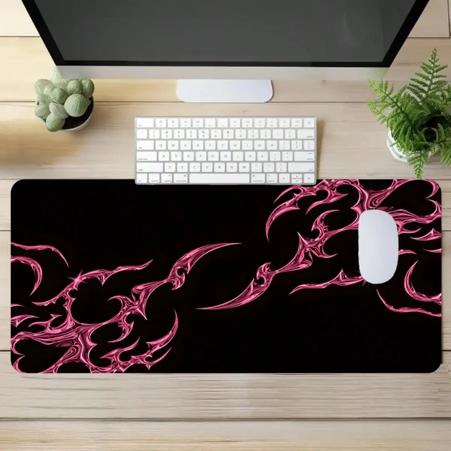 1pc Pink & Black Thorn Totem Gaming Extra Large Mouse Pad, Sweet Cool Yabby Dark Style Large Desk Mat - Alluring Atmosphere Extended Oversized Rose Red Fluid