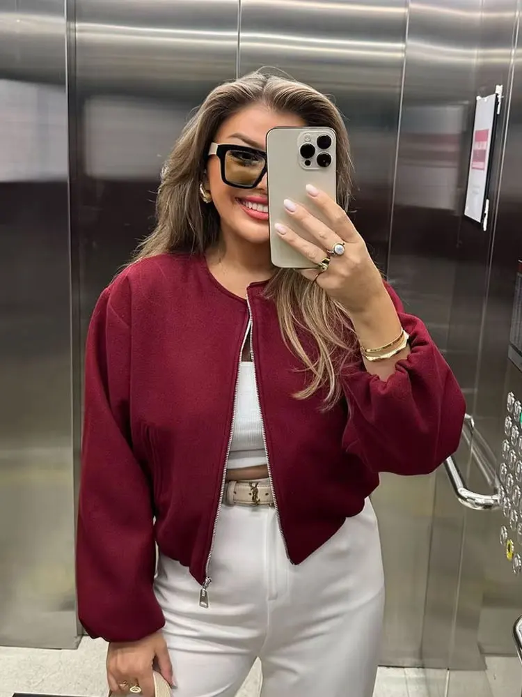 

HH женские осенние уличные модные куртки-бомберы с длинными рукавами, однотонные женские уютные укороченные пальто с круглым вырезом и карманами