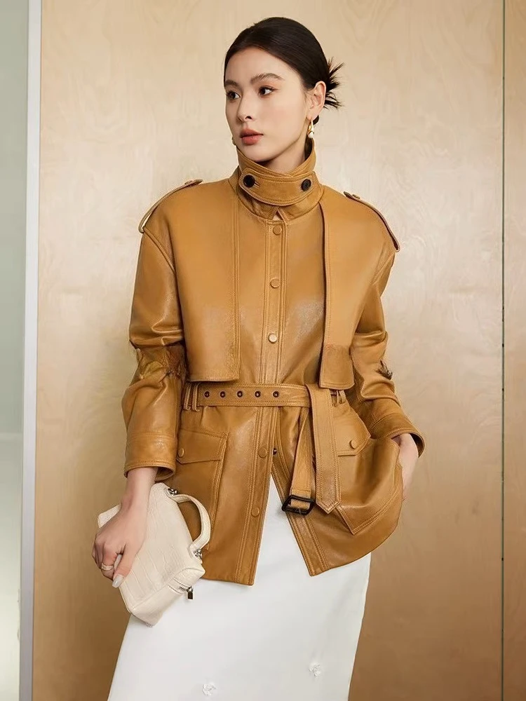 Winter Genuine Leather Sheepskin Fashion Outwears For Women  Female Large Pocket Epaulet Belt Mid Long Jacket Female Warm Windbr