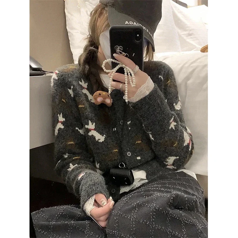 

Укороченный вязаный кардиган, женский уличный свитер с принтом, верхняя одежда, зимний трикотаж с длинными рукавами, корейские повседневные джемперы, новинка