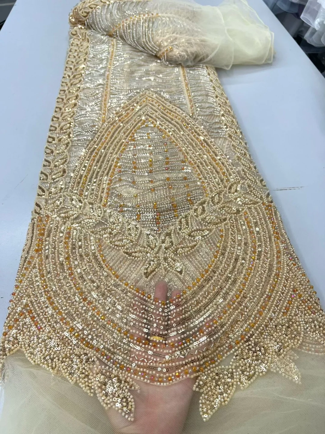 Gold African Heavy Beaded Lace Fabric 2026 High-Quality French Nigerian Sequins Tulle Lace Suitable for Women's Party Dresses