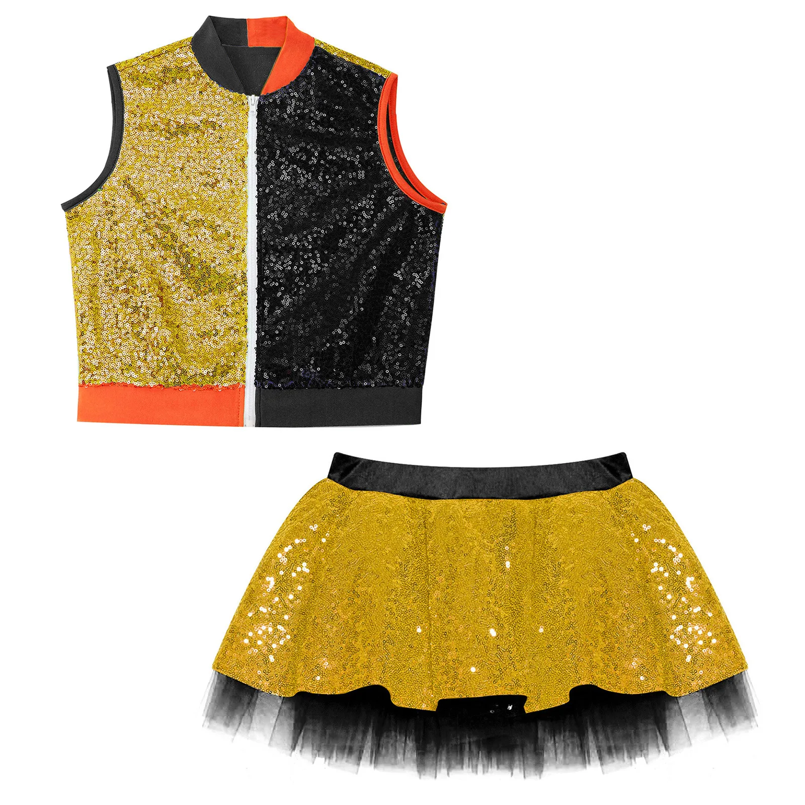 Kids Girls Hip-pop Street Dance Set Sleeveless Shiny Sequins Tops with Tutu Skirt Cheerleading Carnival Performance Dancewear