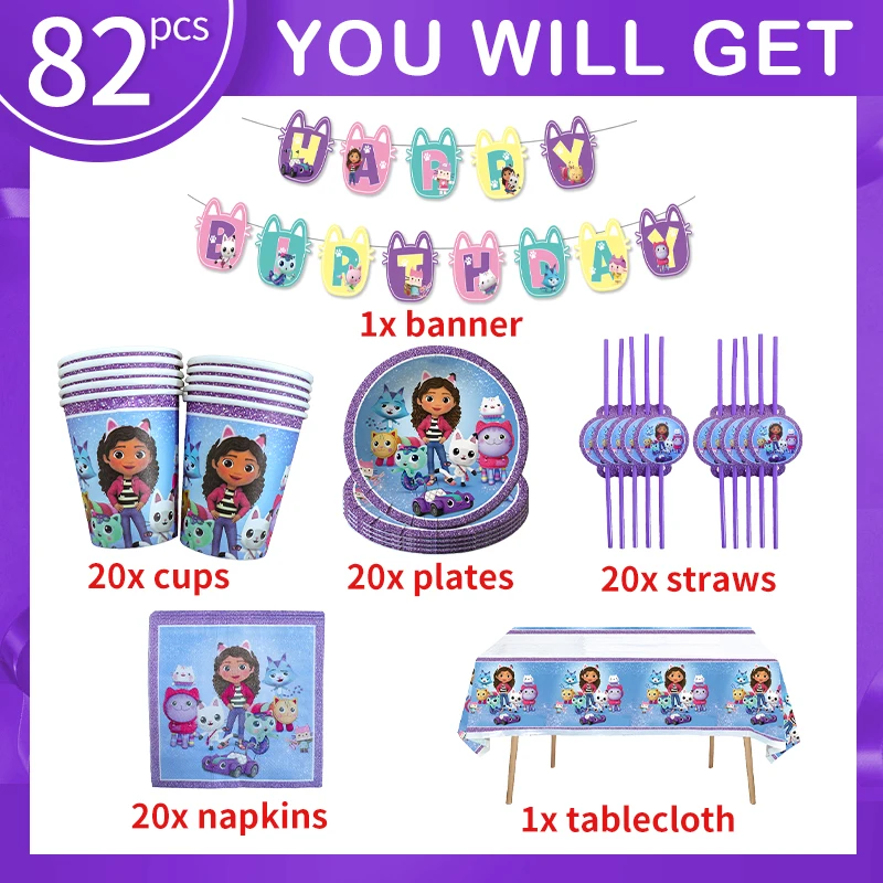 Gabby Dollhouse Birthday Party Decoration Set Paper Napkins Plates Cups Girls Tableware Supplies Boys Baby Shower for Kids Gifts