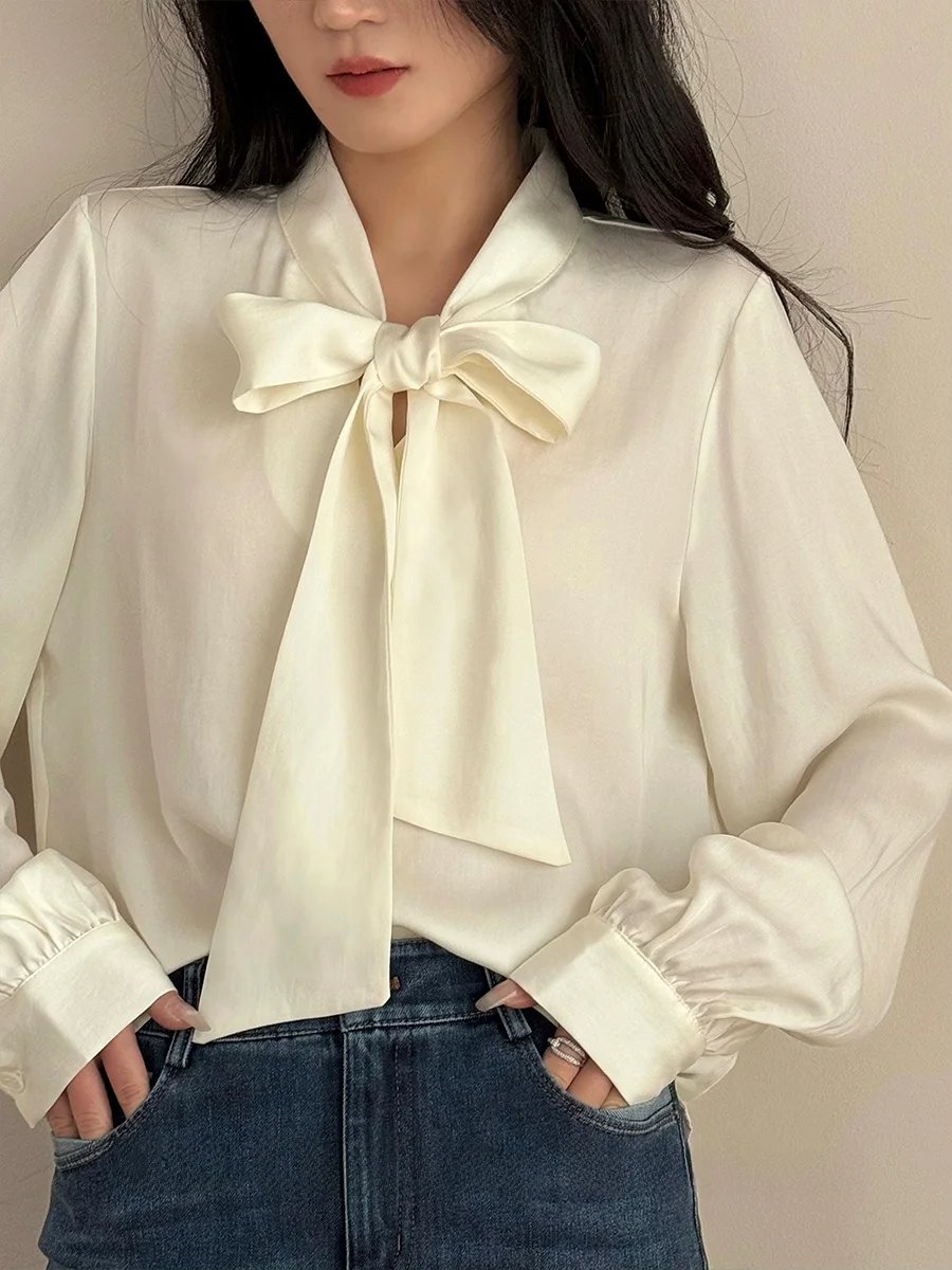 

KIKI Silk Knot Belted White Shirt Layering Spring Top Practical Commute Style Loose Fit Long Sleeve V-Neck Shirt