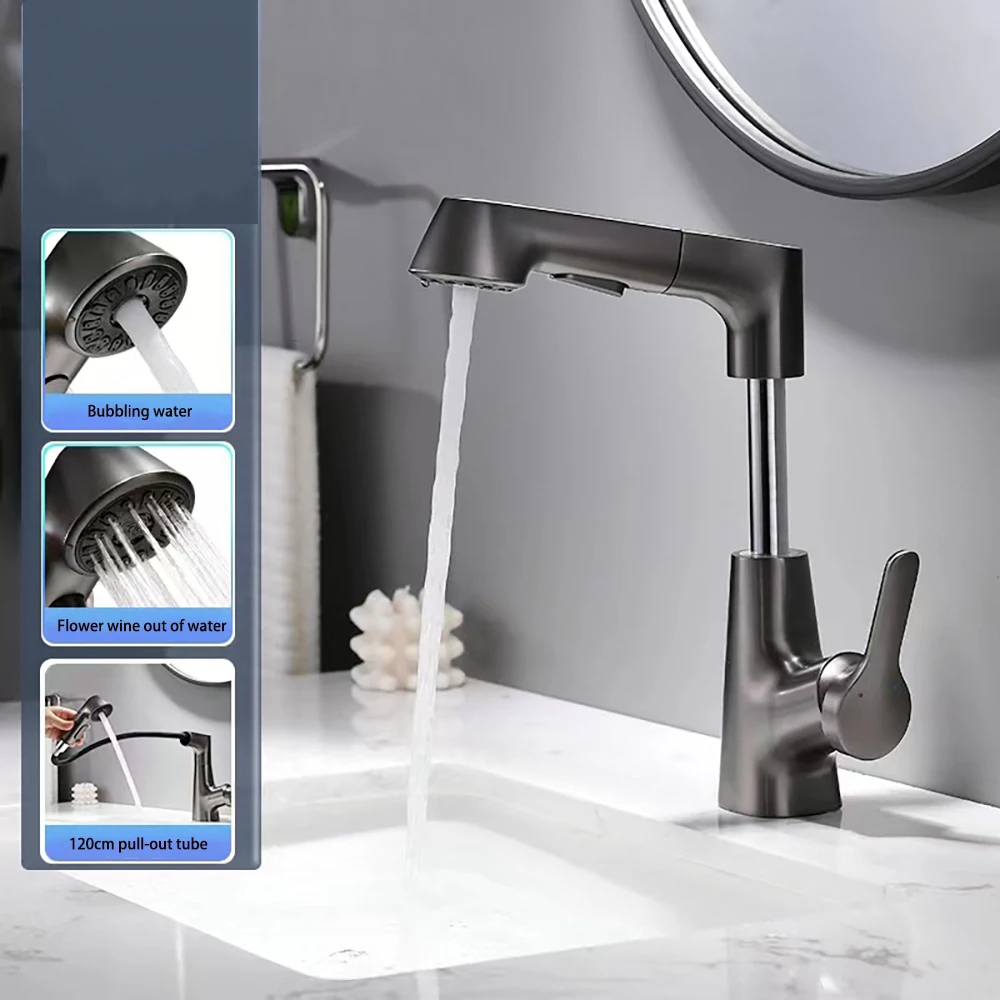 Pull Out Lift Kitchen Faucet Stainless Steel 360° Rotatable  Lift Up Bathroom Sink Vanity Hot&Cold Faucet With Pull-out Function