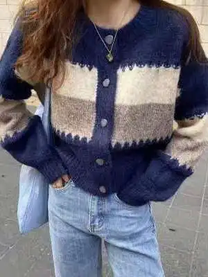 

Autumn New Sle Korean Retro Lazy Design Color Blo Soft ort Women's Knitted Sweater Jaet Casual Loose Fit Long Sve