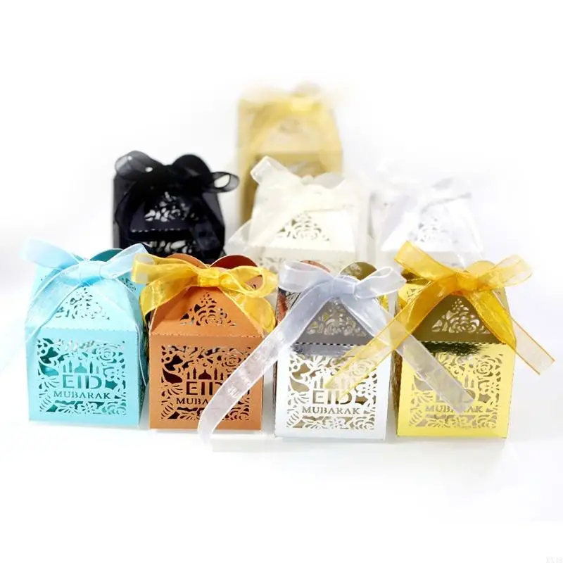 KX4B 100pcs Eid Mubarak Candy Box Hollow Rose Ramadan Kareem Gift Boxes Islamic Muslim Festival Happy Al-Fitr Eid Event Party