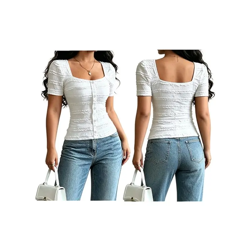 Summer Tops For Women Short Sleeve Slim Fitted Square Neck Tee Shirts Y2K Fashion Clothing White M Eco-Friendly