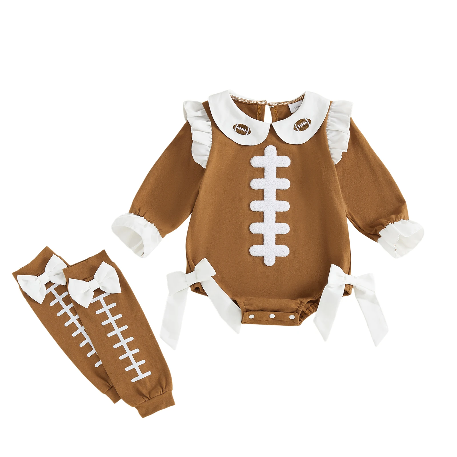 

Baby Girl Football Outfit Rugby Bow Long Sleeve Doll Collar Romper and Leg Warmers 2 Piece Set