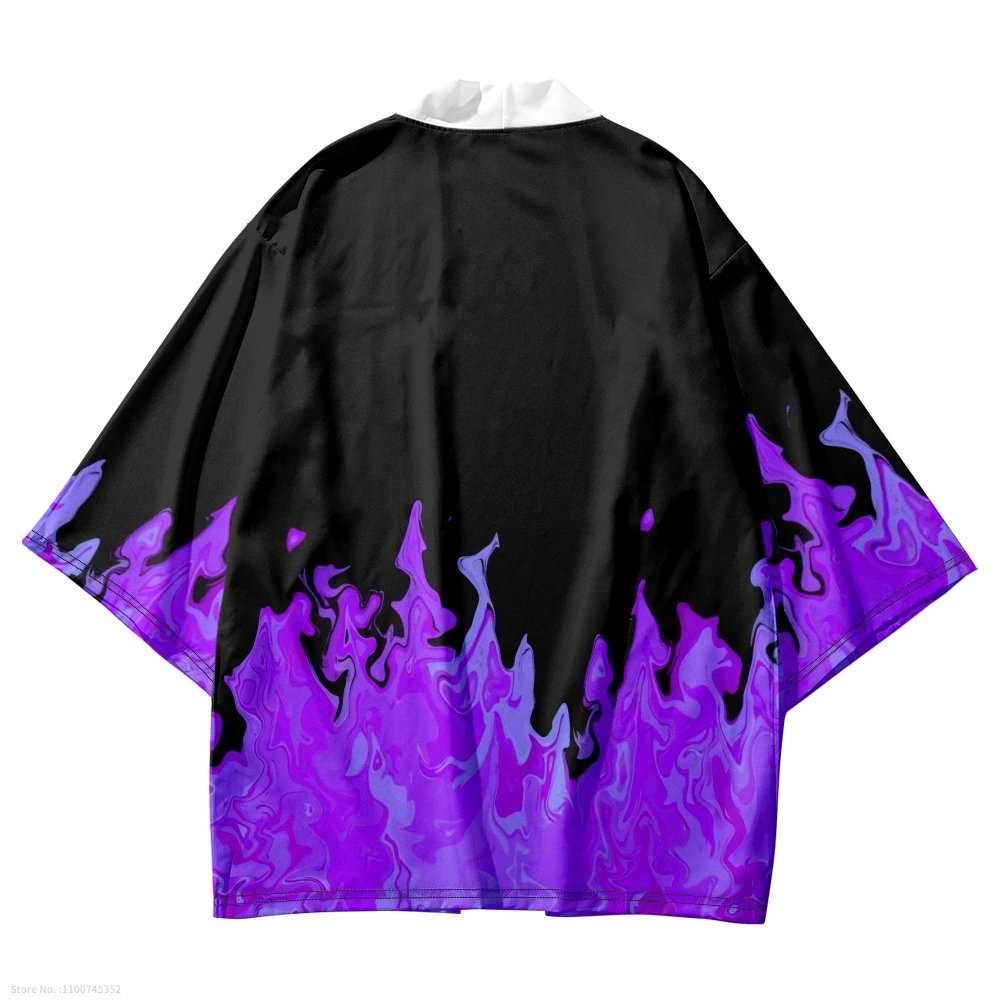 Fashion Purple Flame Print Kimono 2023 Summer Men 3/4 Sleeve Japanese Traditional Cardigan Haori Women Harajuku Streetwear Shirt