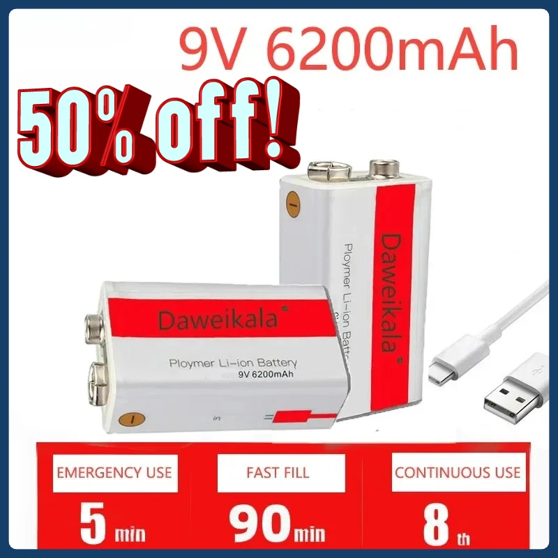 Lithium Ion 9v 6200mah Rechargeable Battery Mini USB Battery 9V Multimeter Microphone Toy Lithium + USB Charging Cable