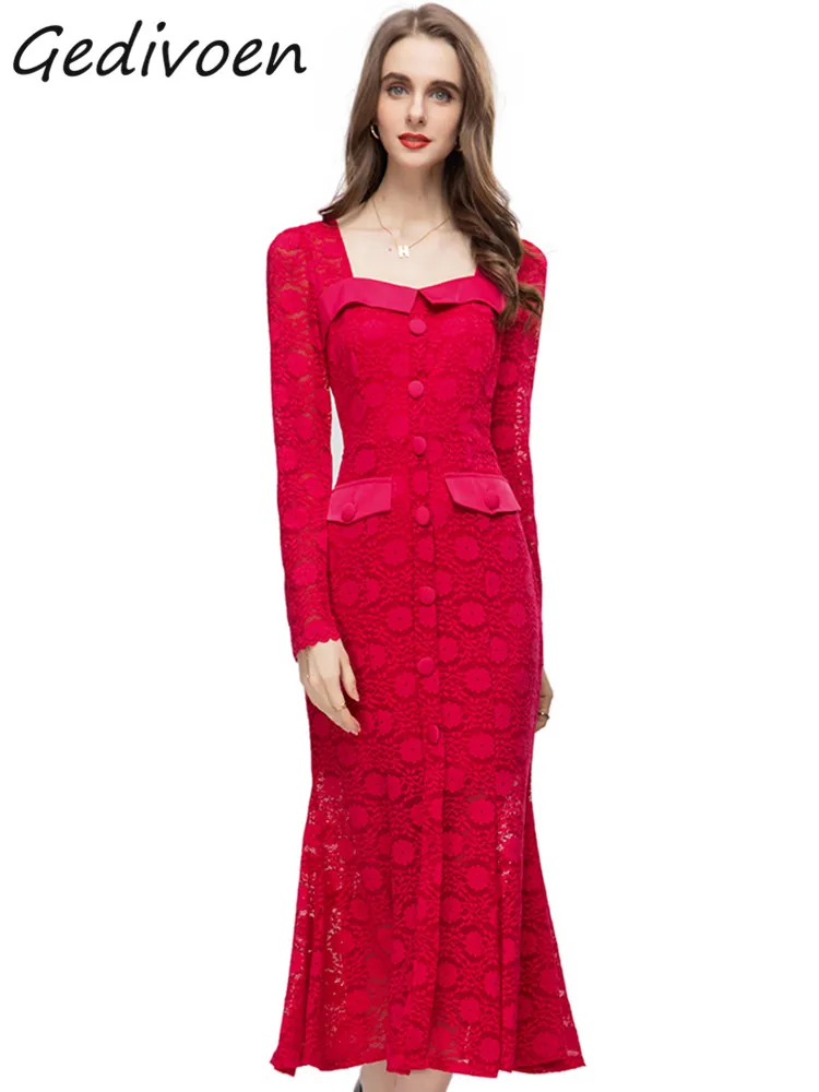 

Gedivoen Summer Fashion Runway Rose Red Vintage Mermaid Dress Women Square Collar Buttons Appliques Package Buttocks Long Dress