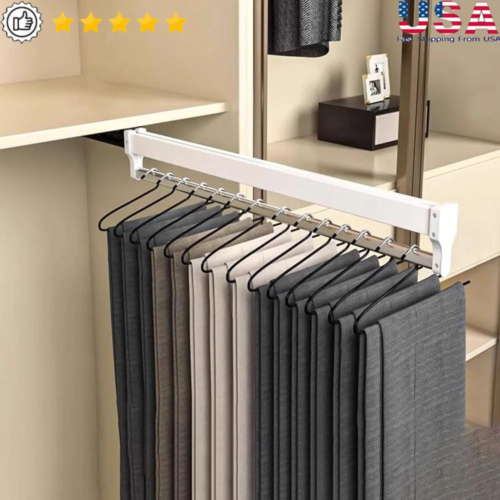 

Pull Out Clothes Hanger Rail Closet Organizer Stainless Steel Wardrobe Clothing Rod Space Saving High Load Multifunctional
