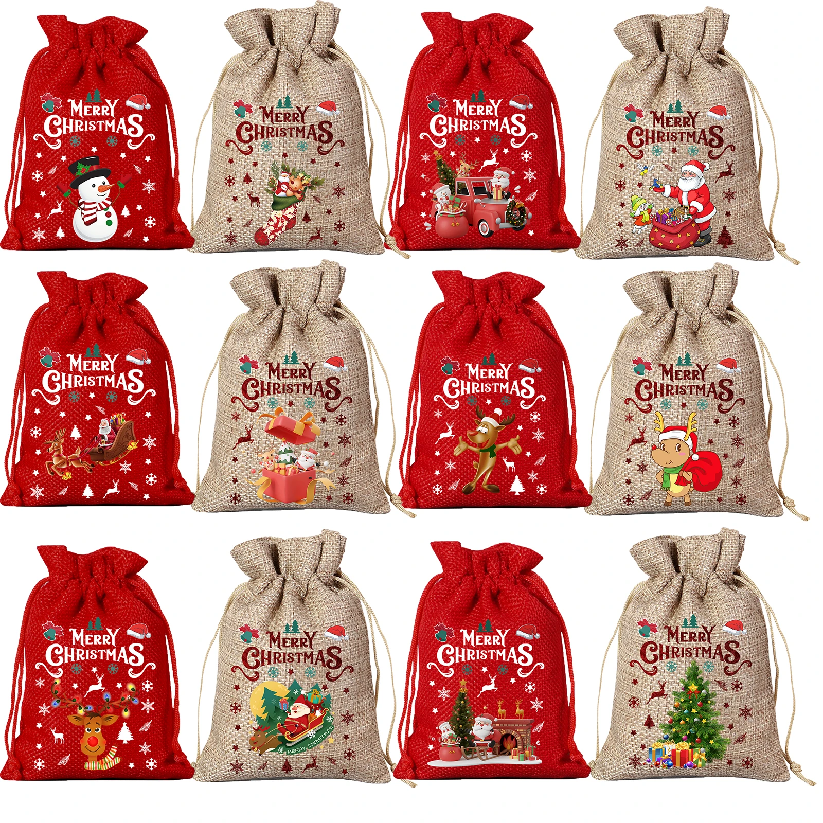 12pcs Christmas Drawstring Bag, Santa Claus Snowman Gift Bag, Cute Cartoon Animal Linen Bag, Christmas Tree Decoration