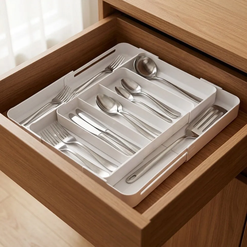 White Cutlery Tray For 27cm Wide Drawers - 7 Convenient Compartments Kitchen Tools Drawer Organizer Tray