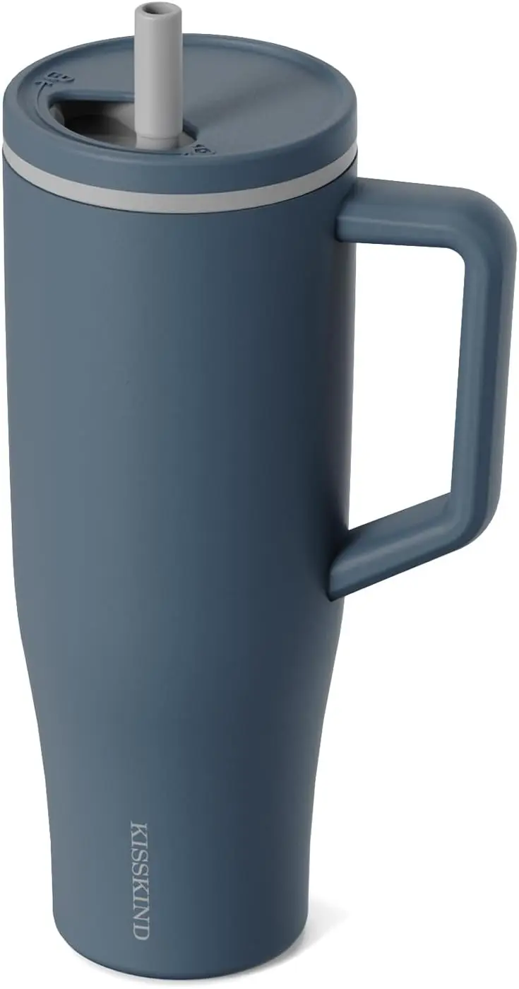 Vaso aislado de 40 oz con asa, pajita y diseño a prueba de fugas - Botella de agua de acero inoxidable para mamá, enfermera, profesora en azul