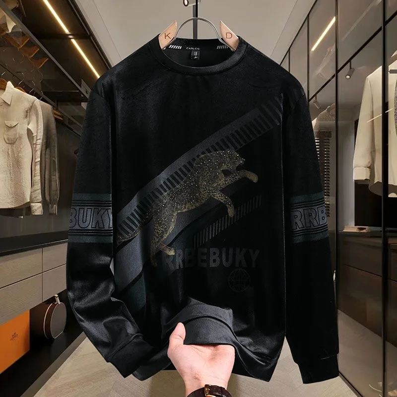 European Sweater 2024 Autumn and Winter New Men's Long Sleeve Loose Bottom Handsome Gold Velvet T-Shirt