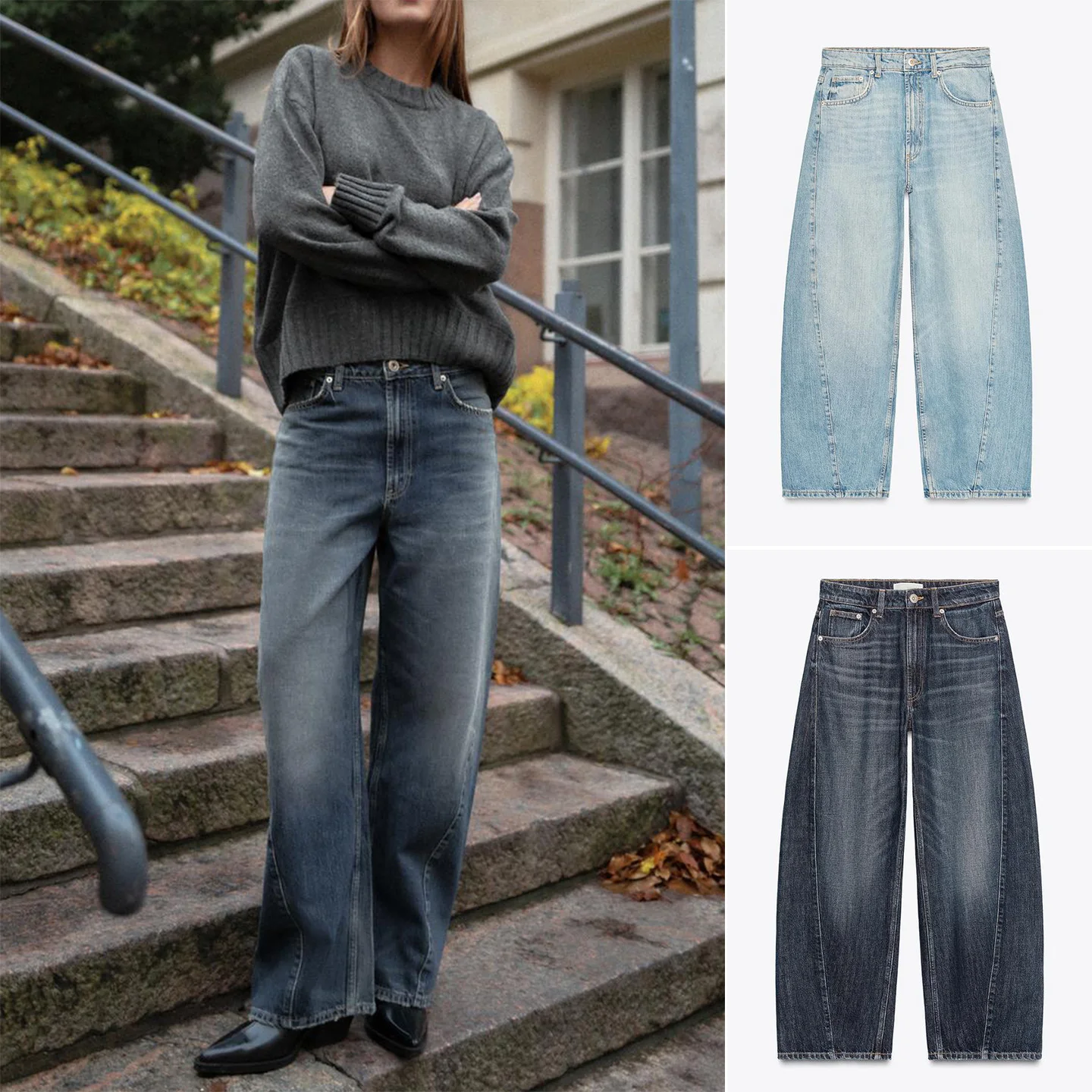 冬の新作レディースロングジッパーデニムパンツ、バルーンシルエット、ナイフストレートレッグジーンズ、ミッドウエスト、Lウエスト、ポリエステル...