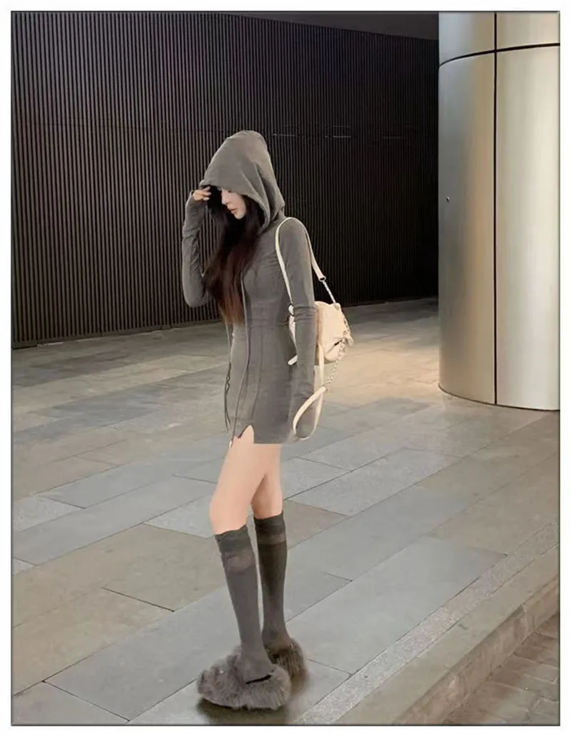 Sexy Monochrome Hooded Dress for Women, Close-fitting, Long Sleeve, V Neck, Wrapped Mini Dress, Streetwear, Autumn and Winter