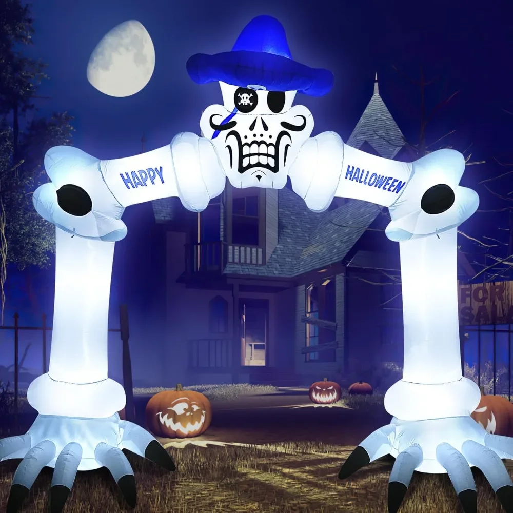 Arco inflable de esqueleto inflable de 13 pies para Halloween, decoraciones para exteriores, gran arco inflable con LED incorporado, música aterradora, ventilador