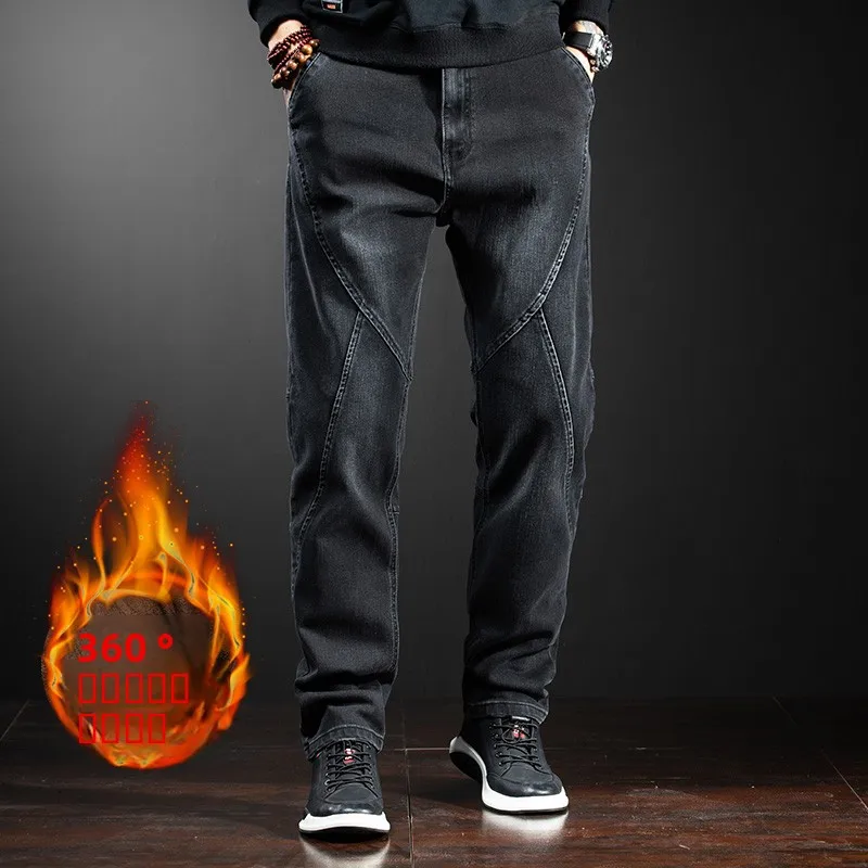 

Men's Fce Lined Denim Jeans Bla Warm Straight Loose plus Size Trendy Long Trousers Autumn Winter Cotton Polyester Blend