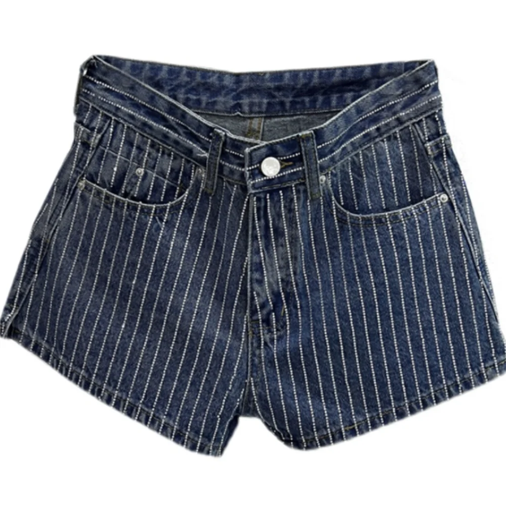 

Striped drill denim shorts women loose 2023 new spring and summer diamond high-waist stretch short