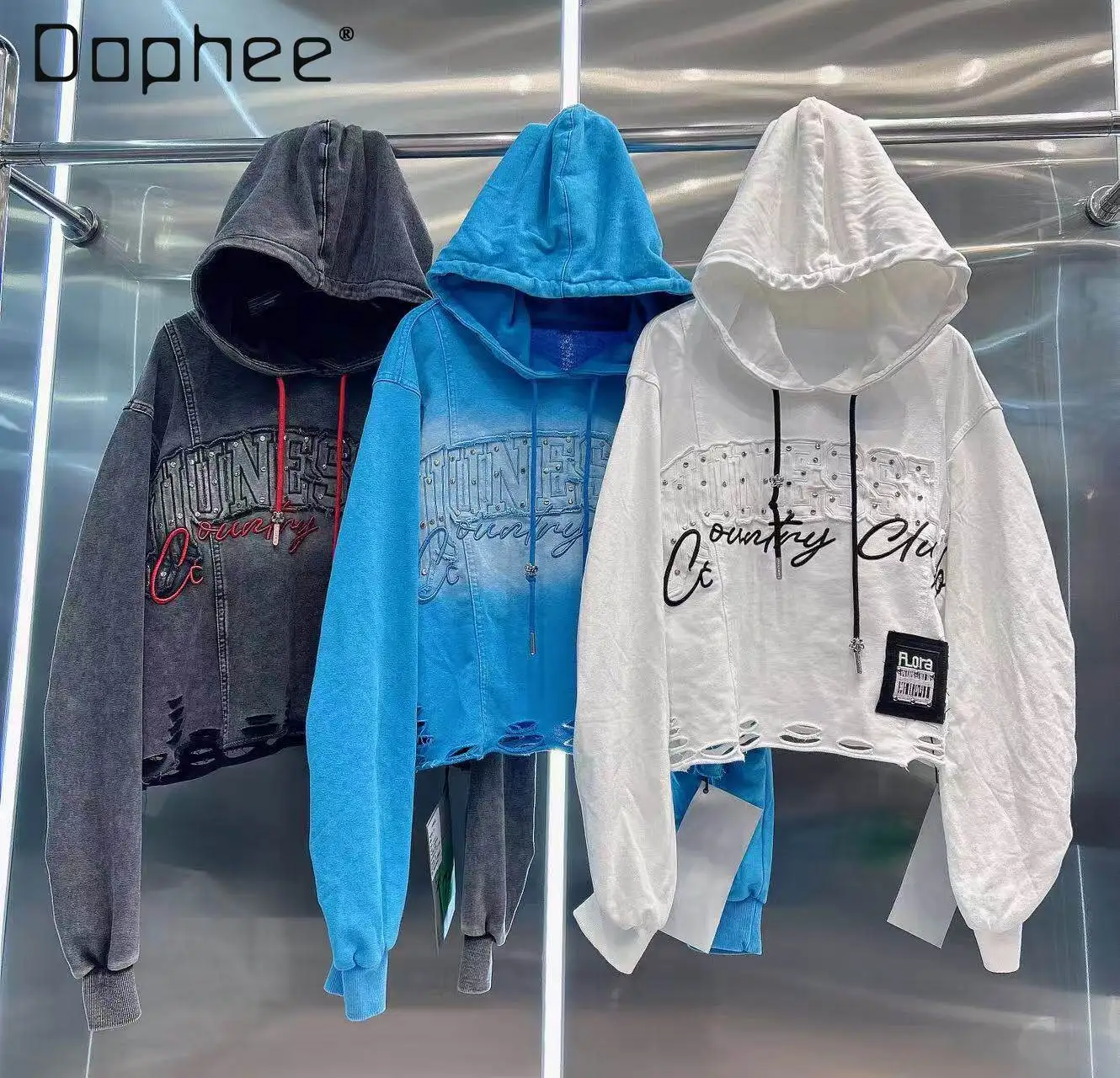 

European-style Women's Sweatshirt 2026 Spring New Model Heavy-duty Rivet Letter Patch Washed Cotton Distressed Trendy Brand Top