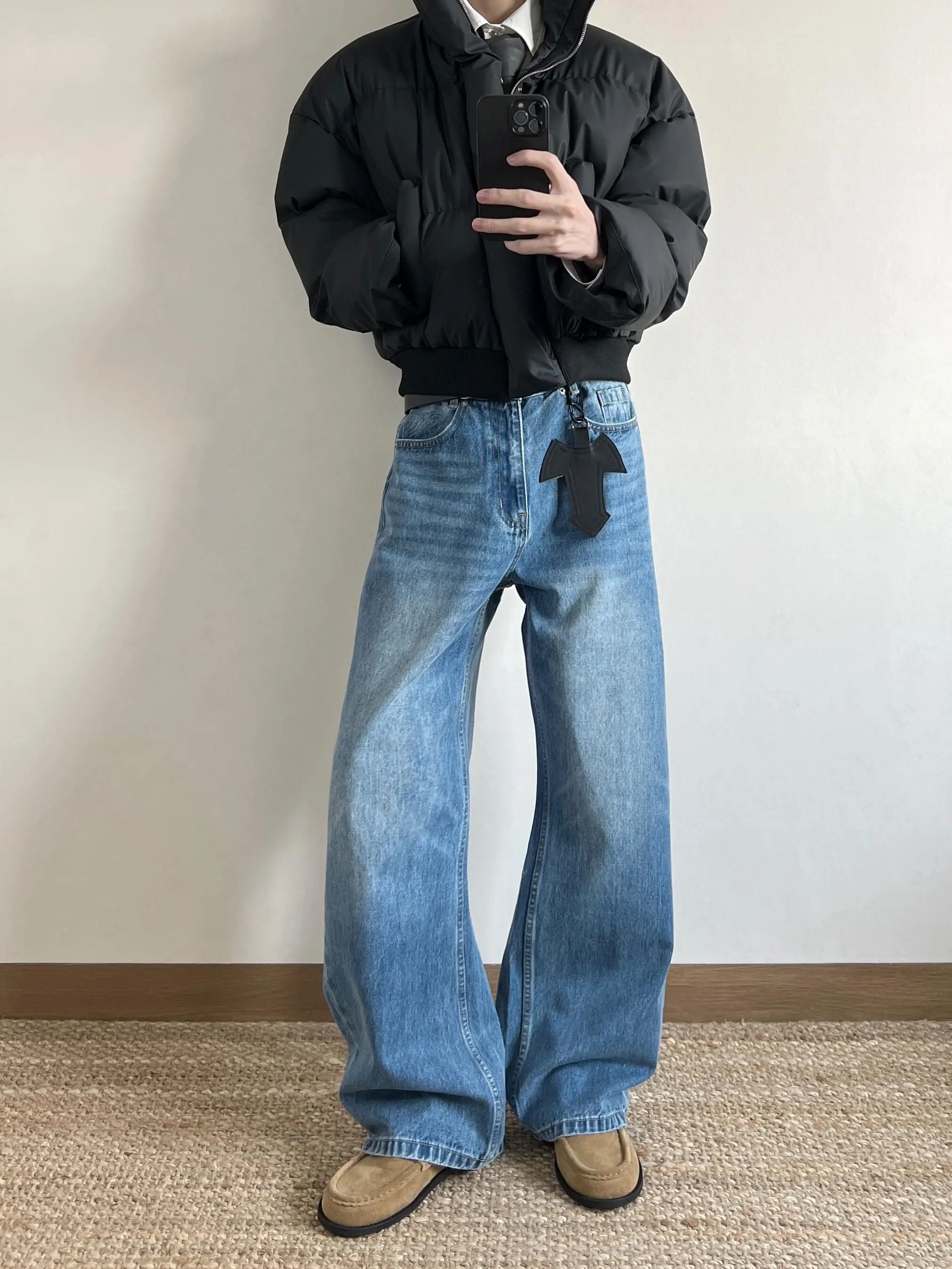 

Waed Light Blue American High Street Straight Leg Jeans Men's Slimming Stretchy Long Trousers Vintage Sle Casual Wear