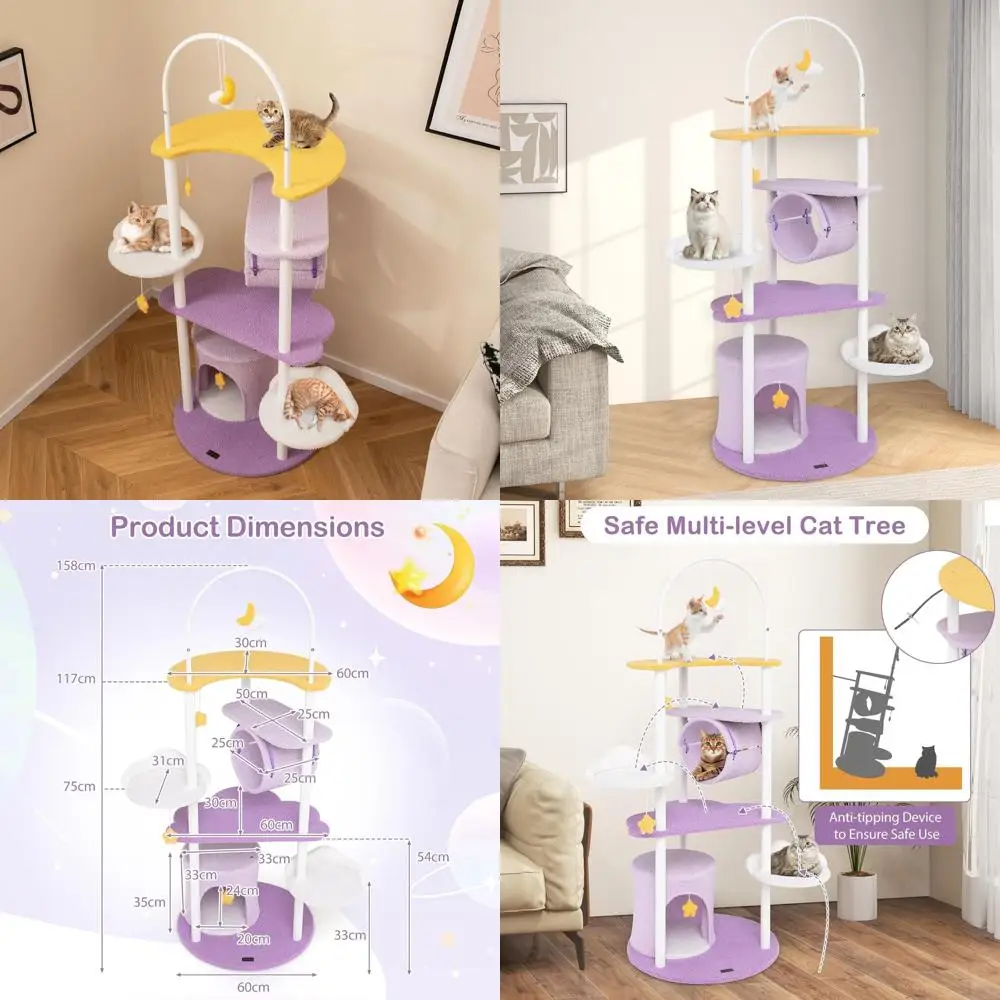 

62 Modern Cat Tower with Moon-Top Perch, Star Toys, Barrel Hammock, and Condo for Indoor Cats
