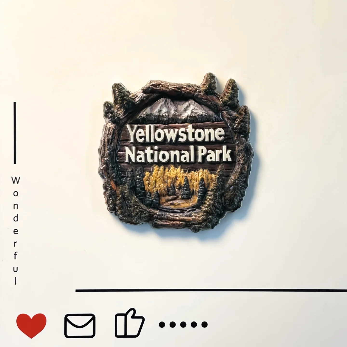 United States, primitive landscape, Yellowstone National Park, souvenir, wooden, textured design, refrigerator sticker