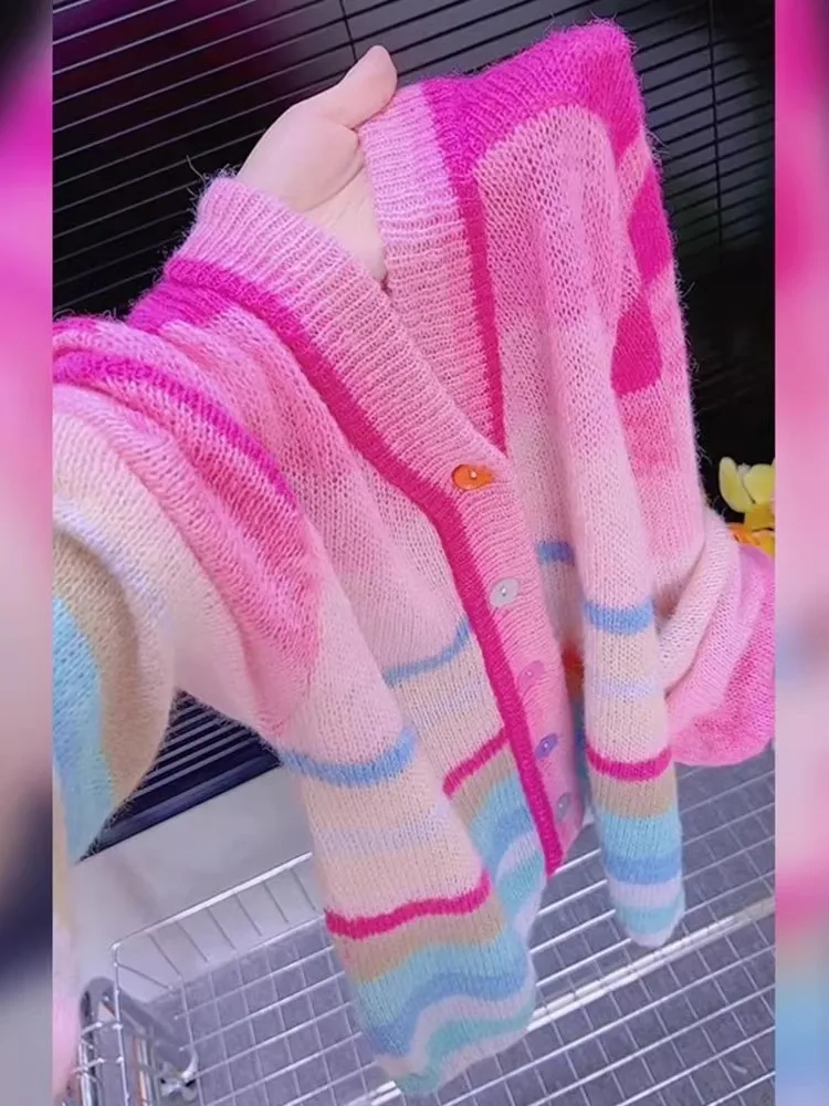 

Color Blo Striped V-Ne Knitted Open Cardigan Women's Sweet Sle Loose Fit Long Sve Top for Autumn Versatile Faionable