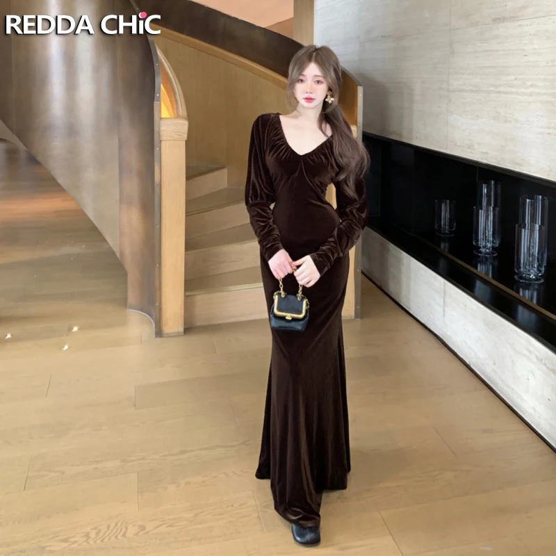 

REDDACHiC бархатное платье с ароматом какао, женское облегающее платье макси с длинными рукавами и v-образным вырезом, рыбий хвост, винтажная модная осенняя одежда